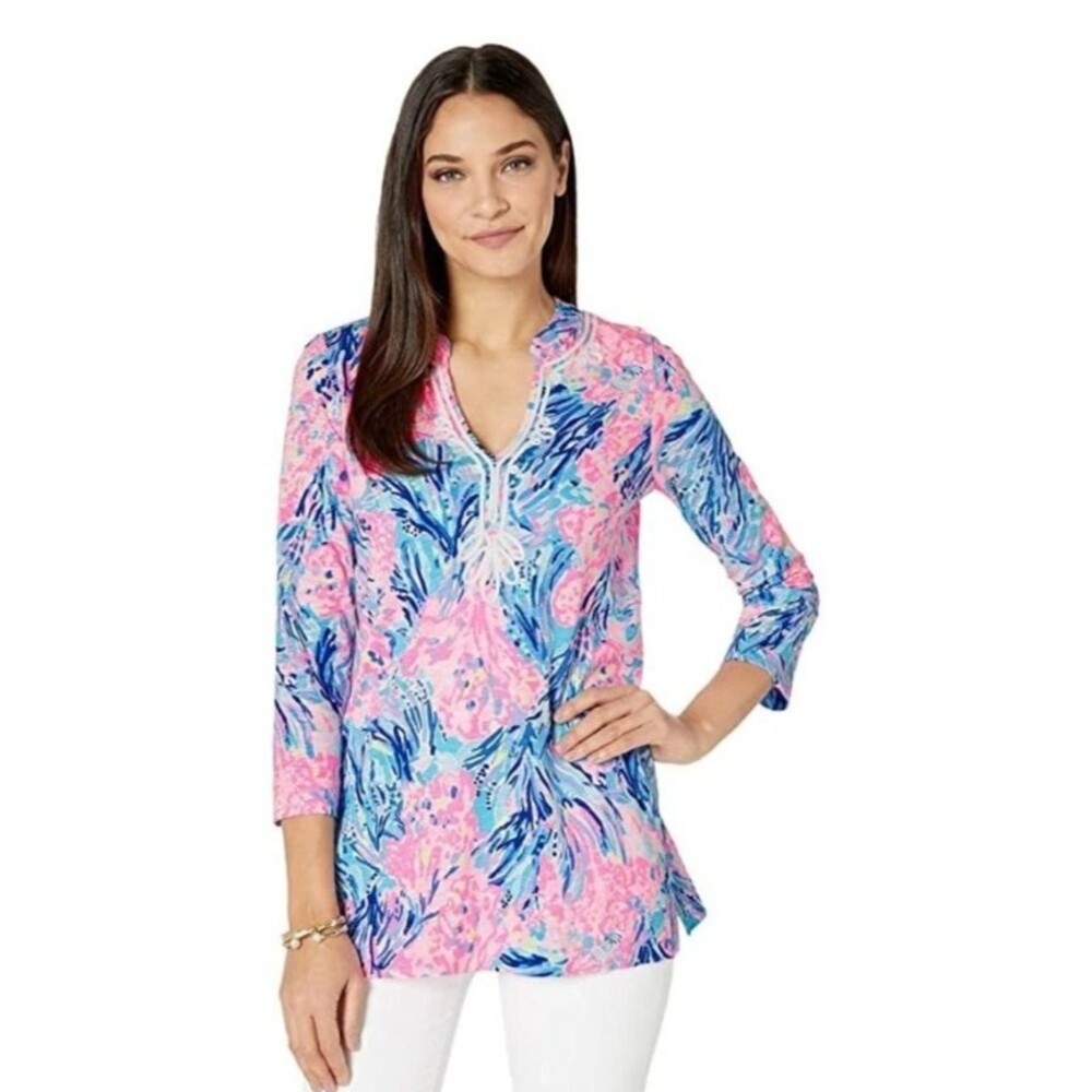 Lilly Pulitzer Kaia Knit Tunic Top Periwinkle Pink Blue Fan Sea Pullover Size S